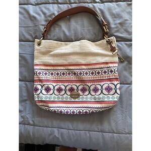 Fossil canvas Grometric Boho shoulder bag purse Key and Bag Charm pre owned